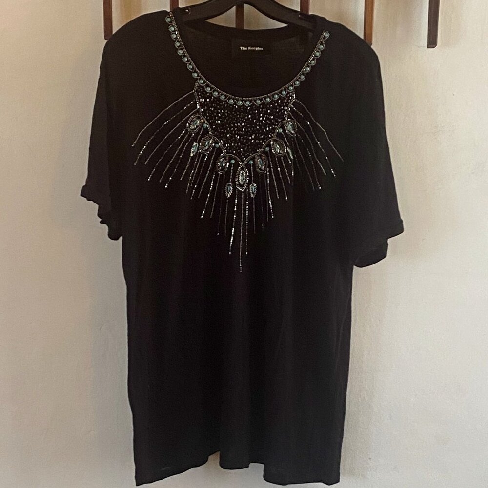 The Kooples Black Linen & Beaded T-shirt